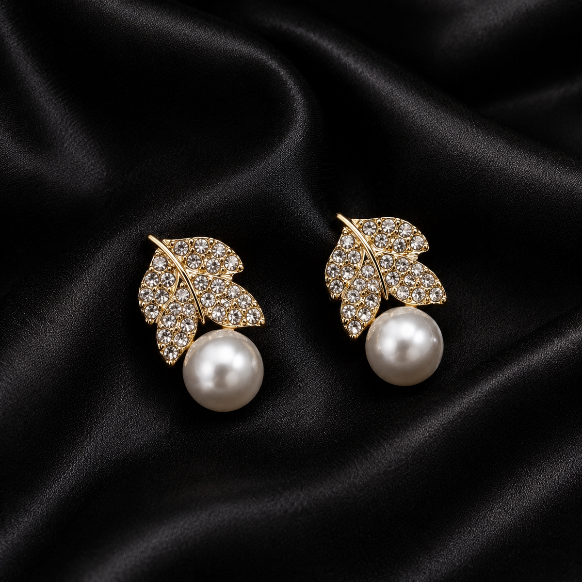 Crystal Leaf Pearl Drop Earrings