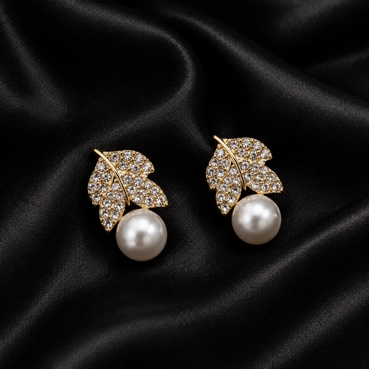 Crystal Leaf Pearl Drop Earrings