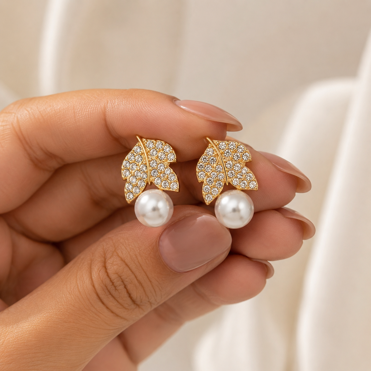Crystal Leaf Pearl Drop Earrings
