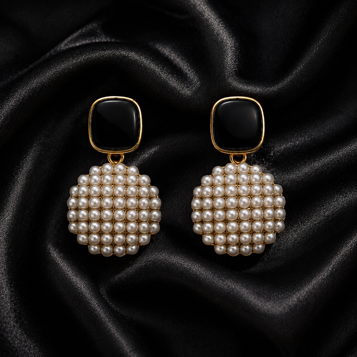 Black Onyx Pearl Cluster Drop Earrings