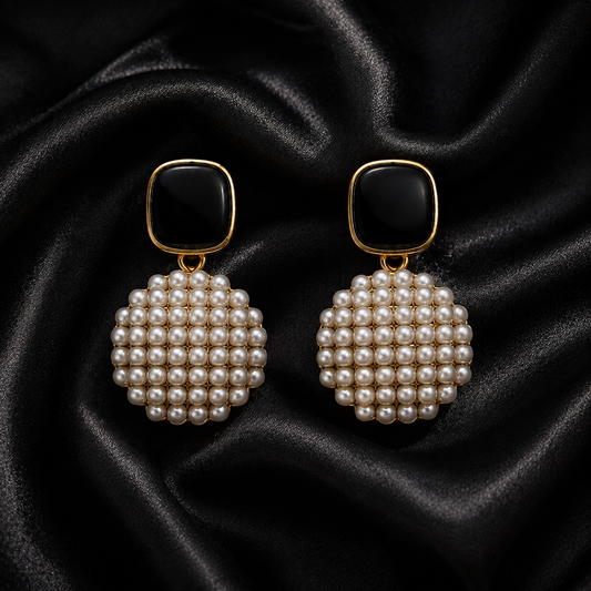 Black Onyx Pearl Cluster Drop Earrings