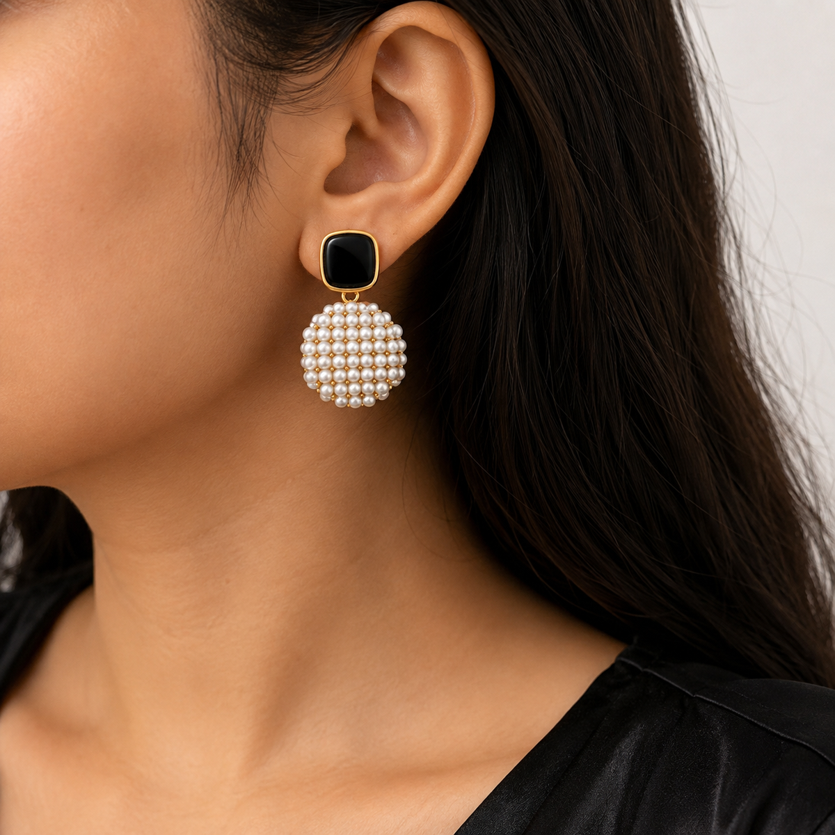 Black Onyx Pearl Cluster Drop Earrings