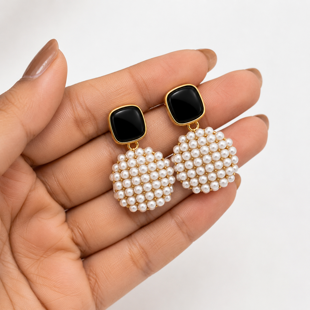 Black Onyx Pearl Cluster Drop Earrings
