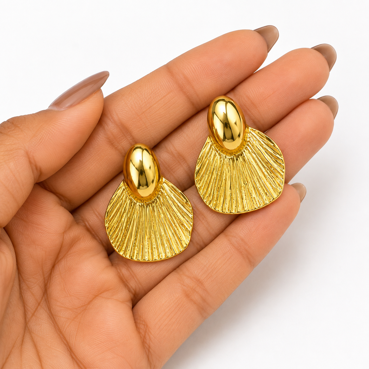 Anti-Tarnish Golden Fan Statement Earrings
