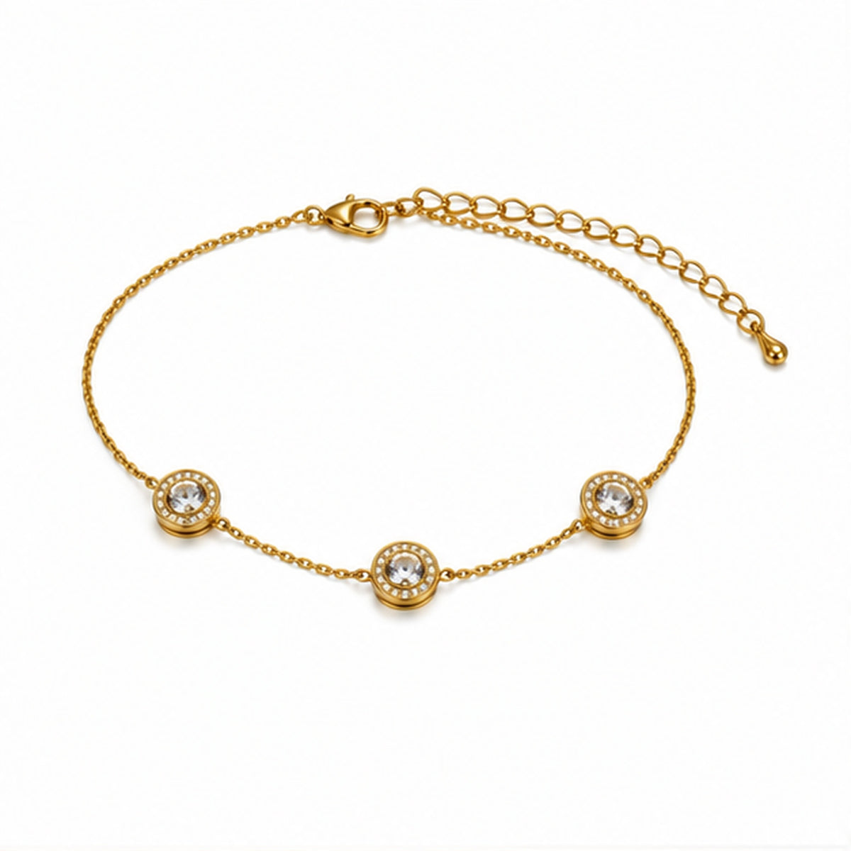 Dainty gold-tone crystal bracelet on a plain white background