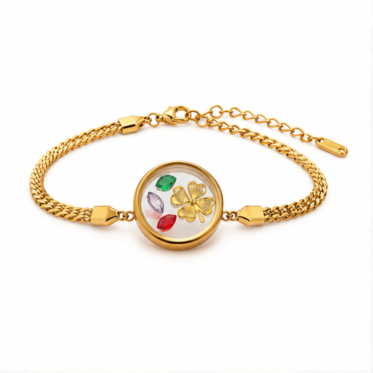 Floral charm gold bracelet on plain white background