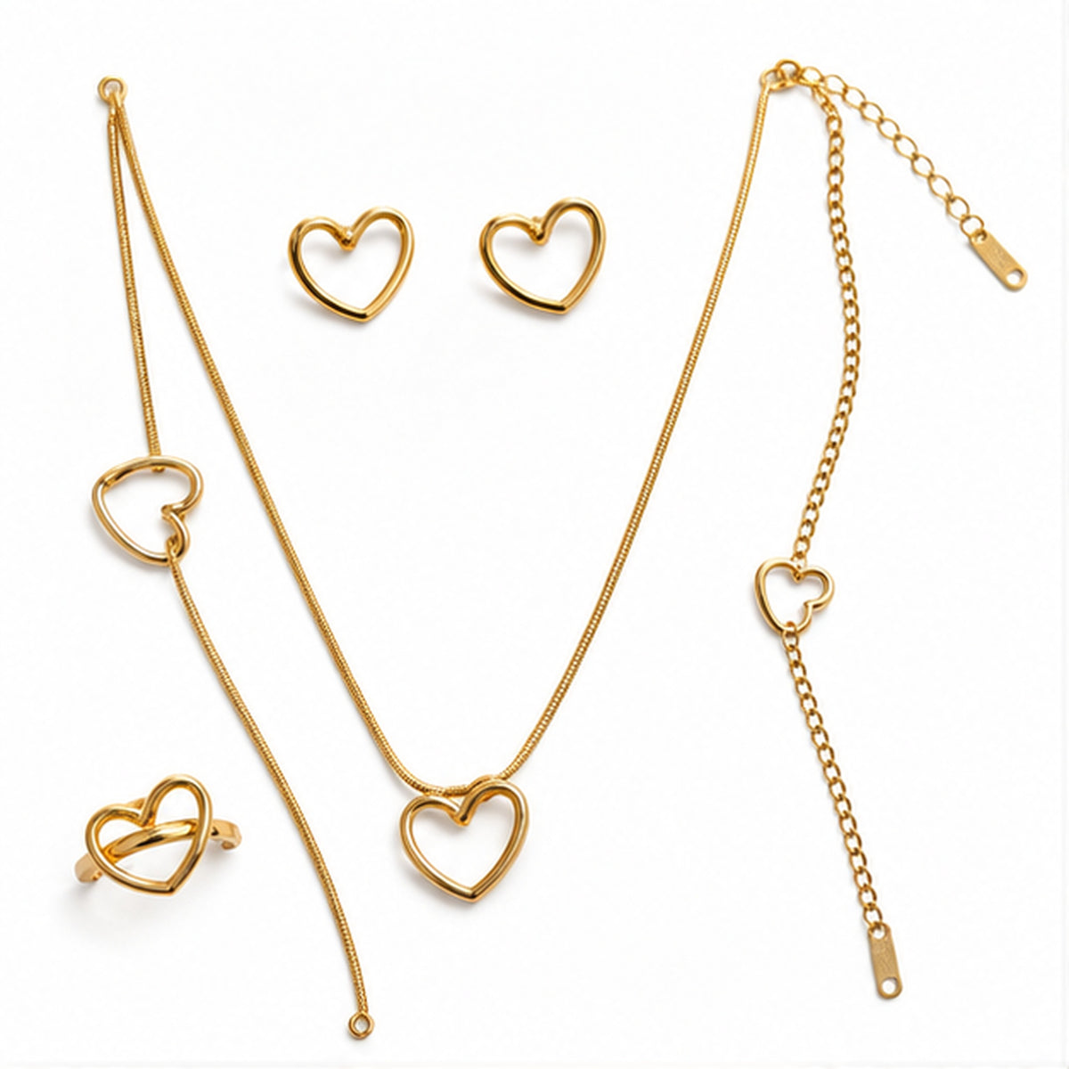 Gold heart jewellery combo on plain white background