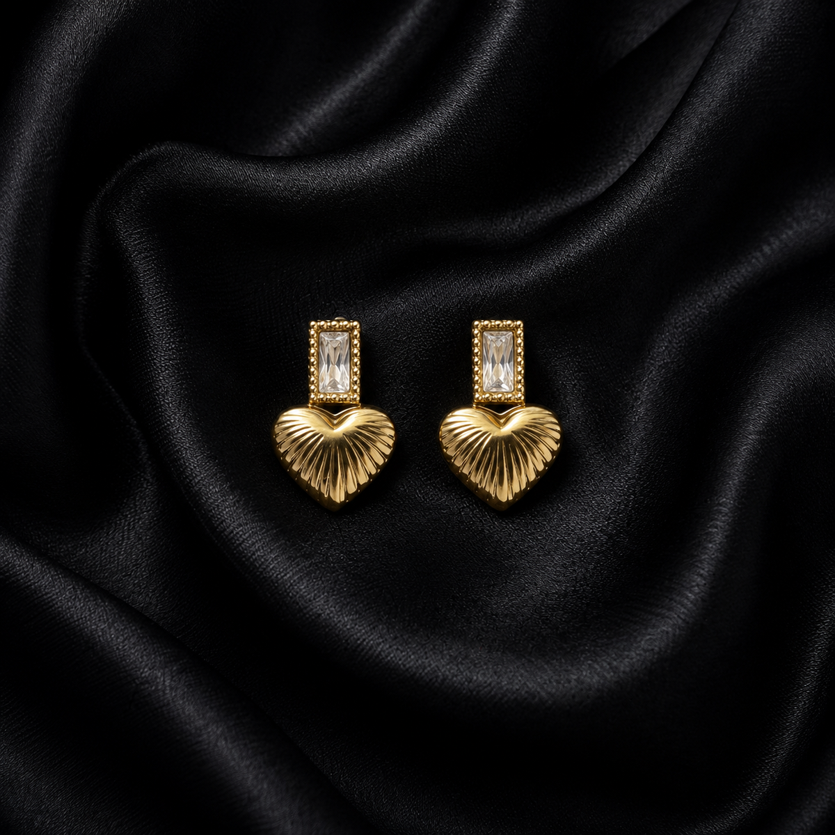 PRISA Heart Crystal Drop Earrings on black satin