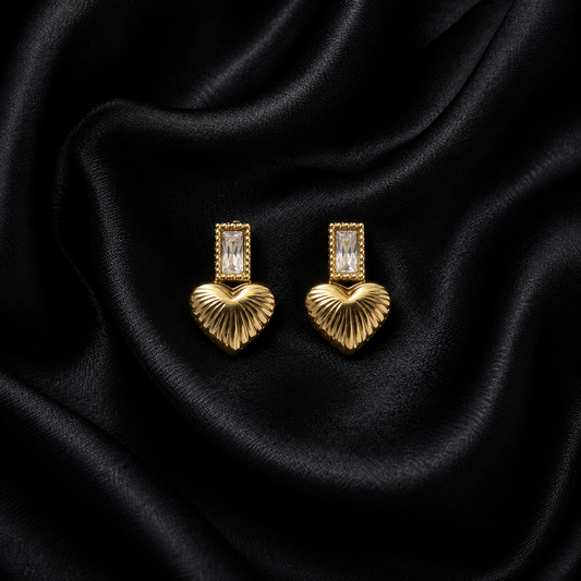 PRISA Heart Crystal Drop Earrings on black satin