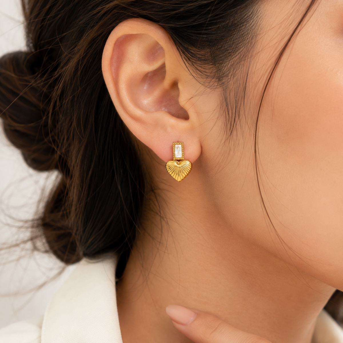 PRISA Heart Crystal Drop Earrings worn by a woman