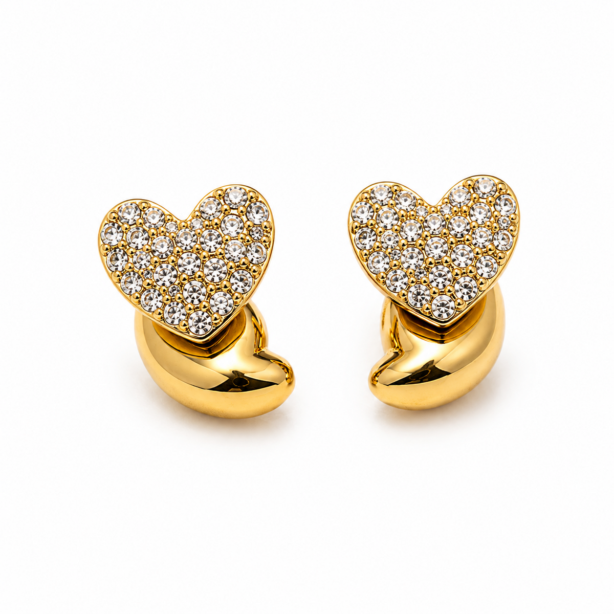 PRISA Gold Heart Crystal Stud Earrings worn by a woman