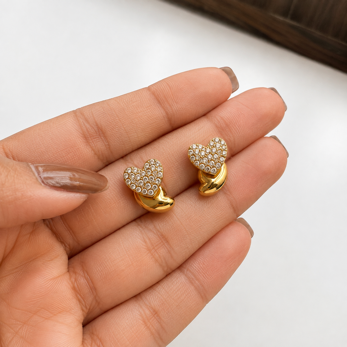 PRISA Gold Heart Crystal Stud Earrings on white background