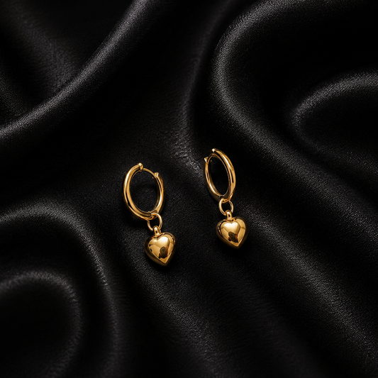 PRISA Gold Heart Hoop Drop Earrings on black satin