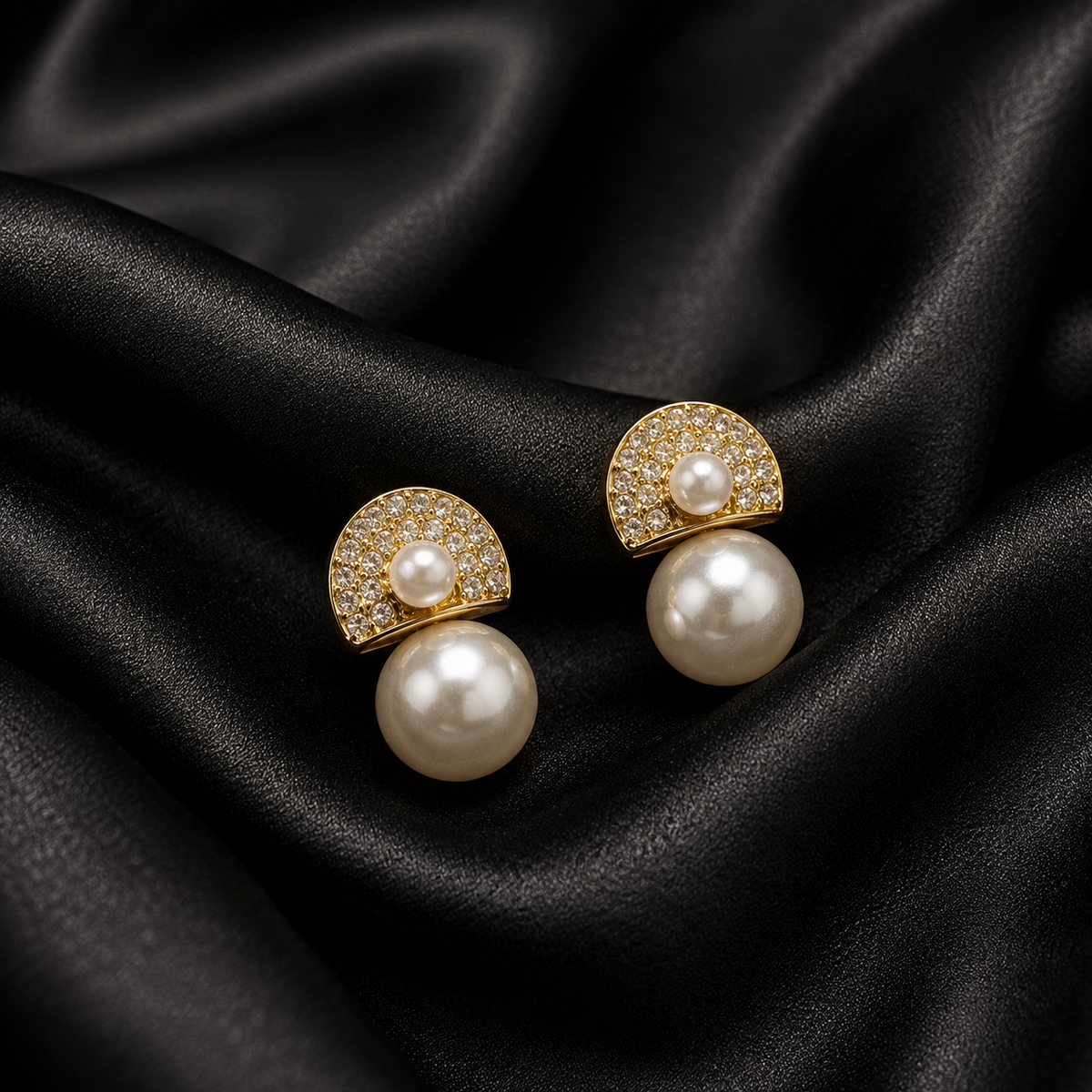 PRISA Pearl Pavé Drop Earrings on black satin