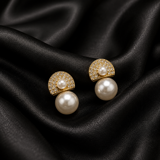 PRISA Pearl Pavé Drop Earrings on black satin
