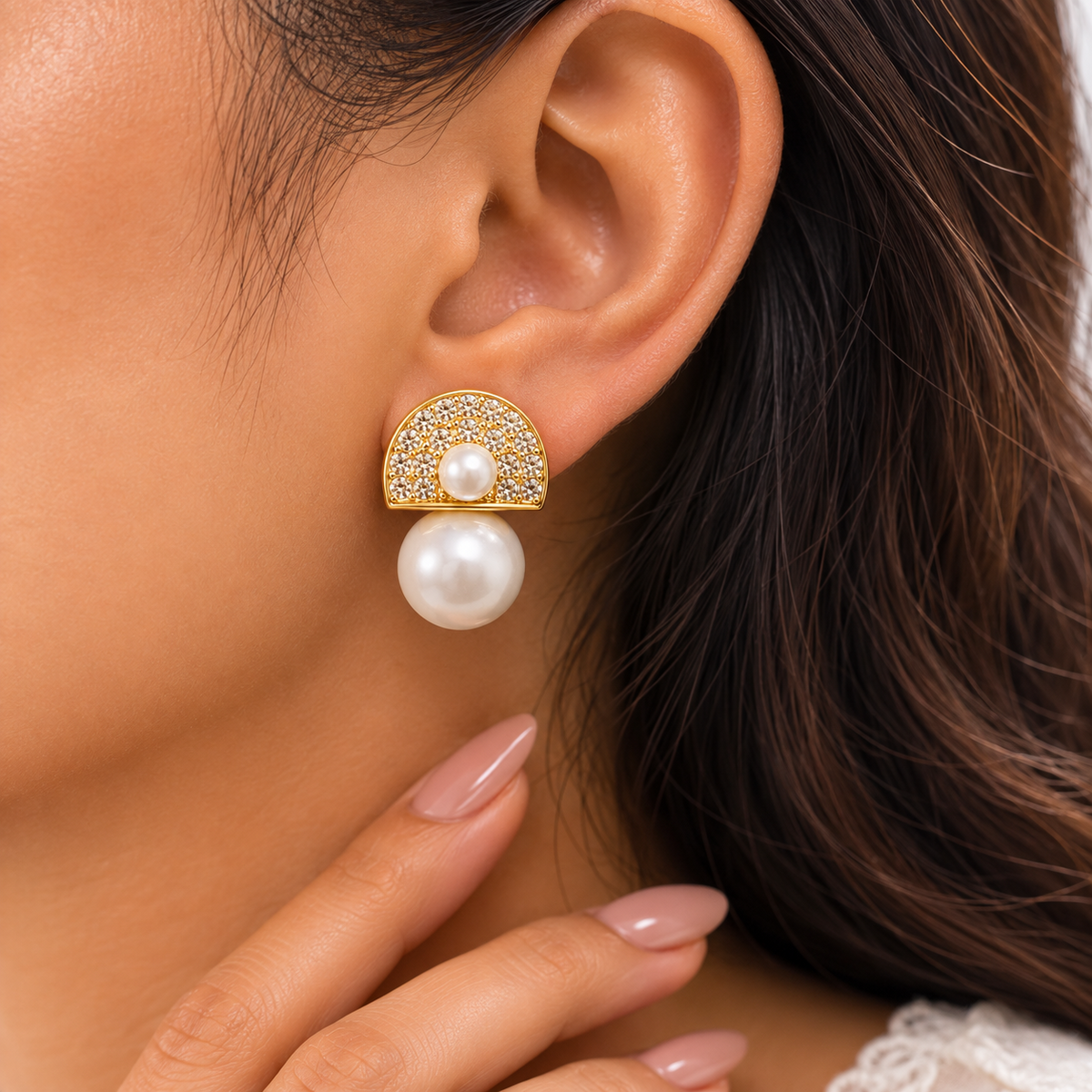 PRISA Pearl Pavé Drop Earrings worn by a woman