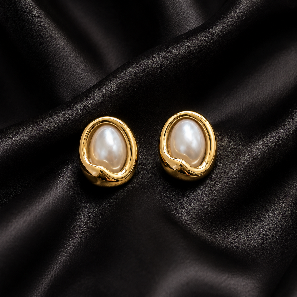 PRISA Gold Pearl Statement Stud Earrings on black satin