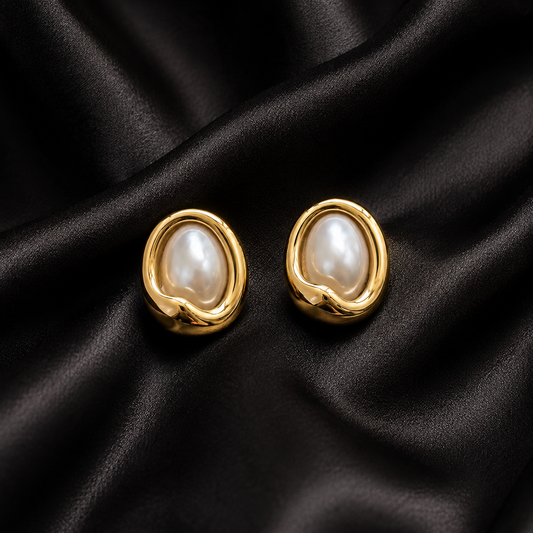 PRISA Gold Pearl Statement Stud Earrings on black satin