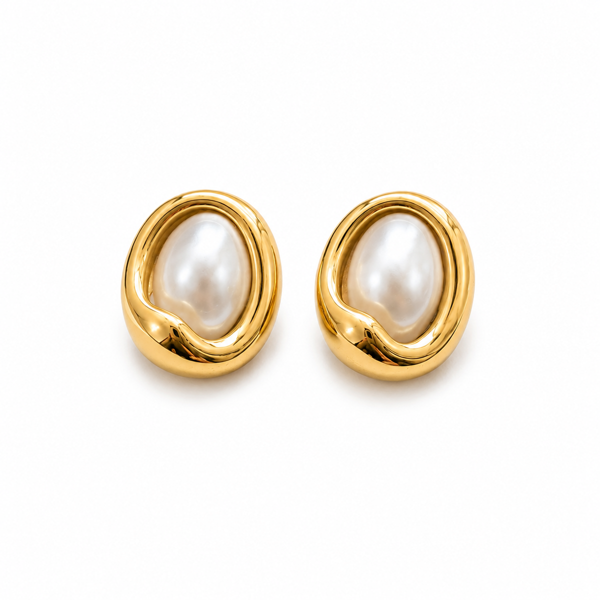 PRISA Gold Pearl Statement Stud Earrings on white background