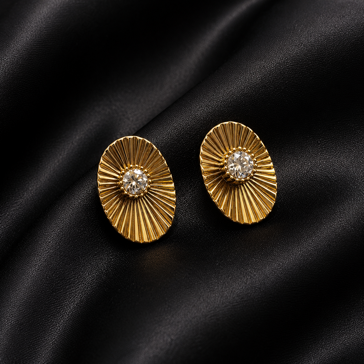 PRISA Radiant Sunburst Stud Earrings on black satin