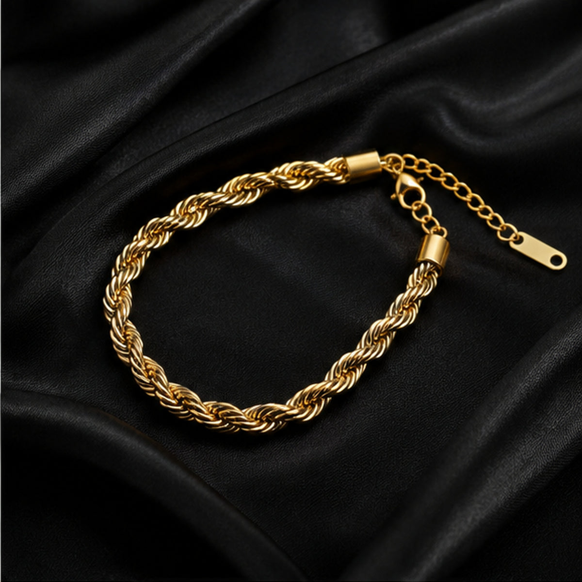 PRISA gold rope twist anti-tarnish stainless steel bracelet on black satin
