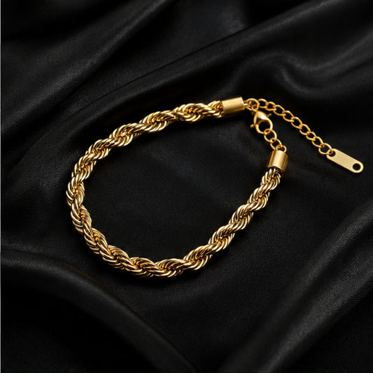PRISA gold rope twist anti-tarnish stainless steel bracelet on black satin