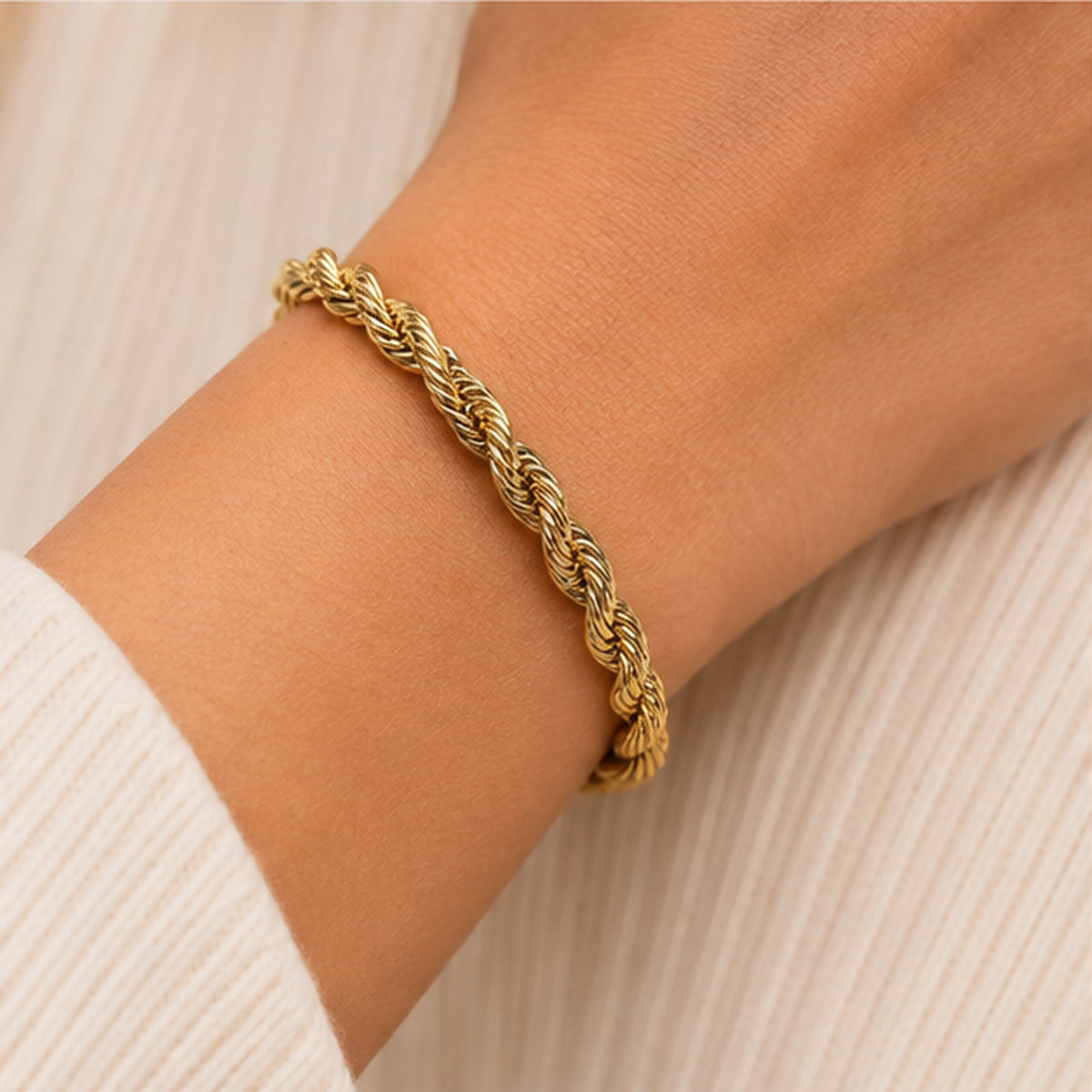 PRISA gold rope twist anti-tarnish stainless steel bracelet worn on wrist