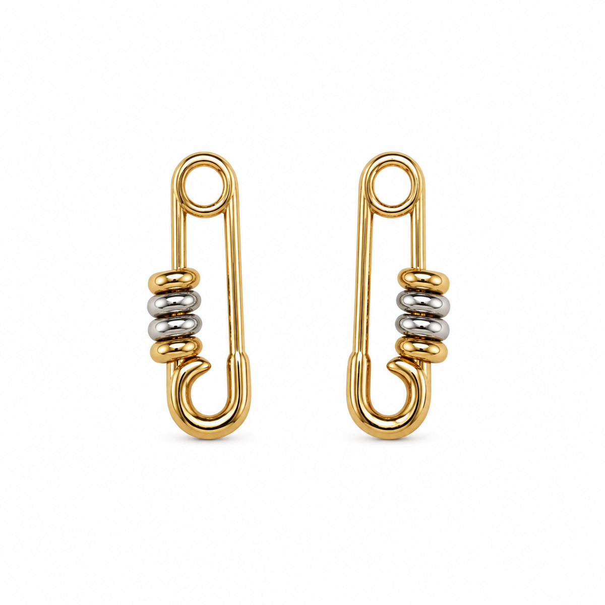 PRISA Gold Safety Pin Statement Earrings on white background