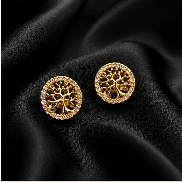 PRISA Tree of Life Stud Earrings on black satin