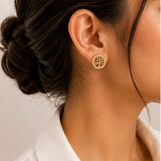 PRISA Tree of Life Stud Earrings worn by a woman